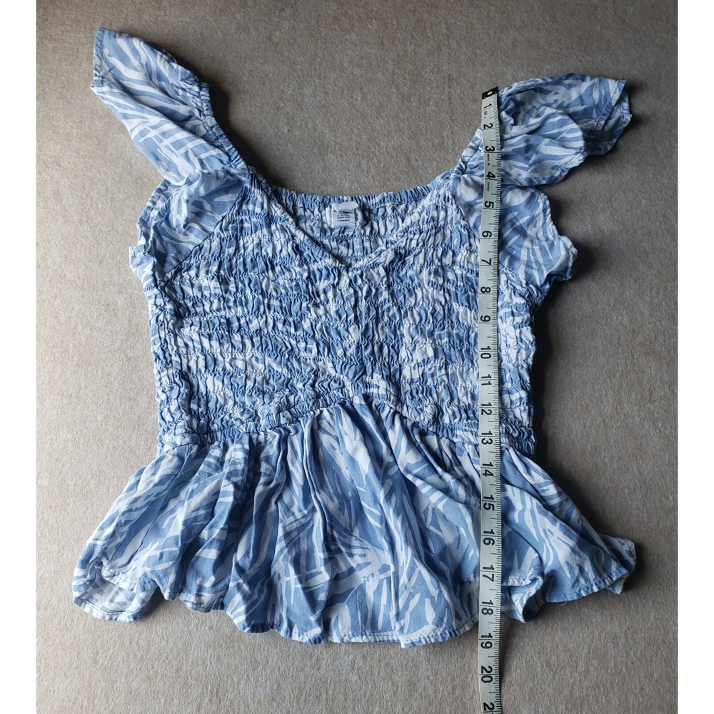 Japna Flutter Sleeve Crop Top Size S Shirred Boho Tropical Beachy Coastal Blue - Picture 7 of 10